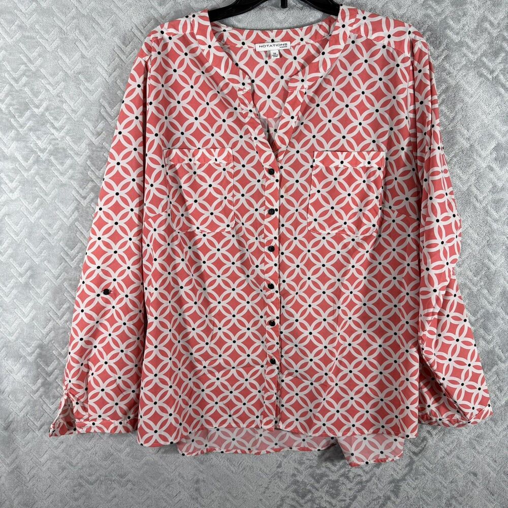 Notations Women's Blouse 3X Pink White Geometric Print Button Up 3/4 Sleeve Top